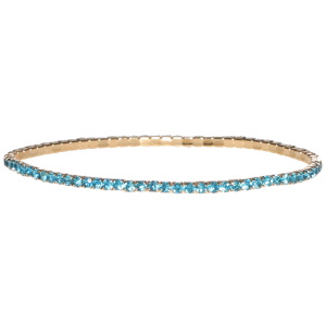 Bracelet fantaisie élastique en métal doré et strass en cristaux synthétiques bleus turquoises.