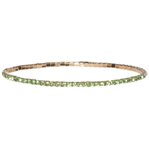 Bracelet fantaisie élastique en métal doré et strass en cristaux synthétiques verts.