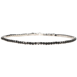 Bracelet fantaisie élastique en métal argenté et strass en cristaux synthétiques de couleur noir.