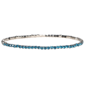 Bracelet fantaisie élastique en métal argenté et strass en cristaux synthétiques de couleur bleu turquoise.