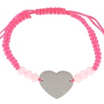 Bracelet fantaisie avec cordon en textile, pierres de couleur rose et coeur en métal argenté.
