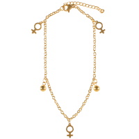 Bracelet chaîne de cheville composé d'une chaîne avec pendants boules et symbole femme en acier doré. Fermoir mousqueton avec 4 cm de rallonge.