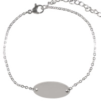 Bracelet composé d'une chaîne et d'une pastille ovale en acier argenté. Fermoir mousqueton avec 5 cm de rallonge.