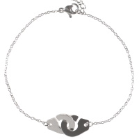Bracelet composé d'une chaîne et d'une paire de menotte en acier argenté. Fermoir mousqueton avec 5 cm de rallonge.