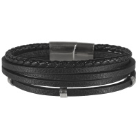 Bracelet multi rangs pour homme en cuir de couleur noire et en métal argenté.
