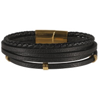 Bracelet multi rangs pour homme en cuir de couleur noire et en métal doré.
