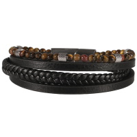 Bracelet multi rangs pour homme en cuir de couleur noire, perles de couleur et fermoir en métal argenté.