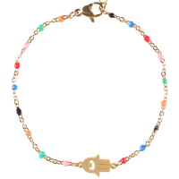 Bracelet composé d'une chaîne avec une main de Fatma en acier doré et de perles en émail multicolore. Fermoir mousqueton avec 3 cm.