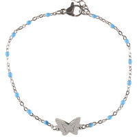 Bracelet composé d'une chaîne en acier argenté avec perles en émail de couleur bleu et d'un papillon en acier argenté. Fermoir mousqueton avec 5 cm de rallonge.
