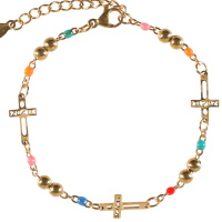 Bracelet composé d'une chaîne avec boules en acier doré, de perles en émail multicolore et de croix en acier doré. Fermoir mousqueton avec 3 cm de rallonge.