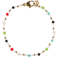 Bracelet composé d'une chaîne en acier doré et de perles multicolores. Fermoir mousqueton avec 4 cm de rallonge.