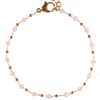 Bracelet composé d'une chaîne en acier doré et de perles de couleur rose. Fermoir mousqueton avec 4 cm de rallonge.