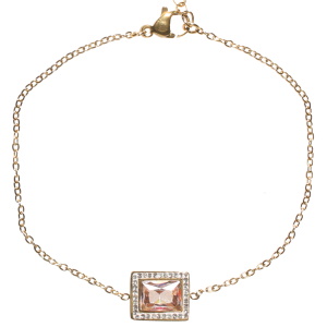 Bracelet composé d'une chaîne en acier doré et d'un cristal serti clos de forme rectangulaire entouré de strass. Fermoir mousqueton avec 3 cm de rallonge.