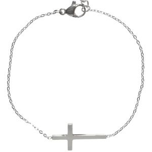 Bracelet composé d'une chaîne et d'une croix en acier argenté. Fermoir mousqueton avec 5 cm de rallonge.