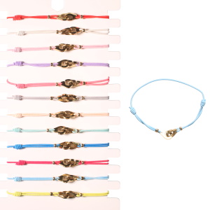 Bracelet fantaisie composé d'un cordon élastique de couleur et d'une paire de menotte en métal doré. 12 coloris différents. Vendu à l'unité. Votre préférence en commentaire.