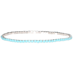 Bracelet fantaisie élastique en métal argenté avec strass de couleur bleu serti griffes.