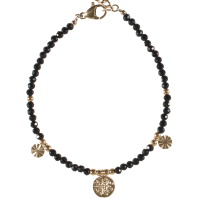 Bracelet composé de perles en véritable pierre d'agate noire, de perles et pastilles rondes en acier doré. Fermoir mousqueton avec 3 cm de rallonge.