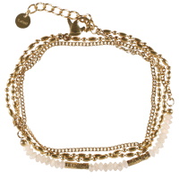 Bracelet double rangs et double tours composé d'une chaîne en acier doré et d'une chaîne en acier doré et de perles de couleur blanche. Fermoir mousqueton avec 3 cm de rallonge.