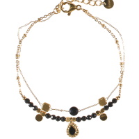 Bracelet double rangs composé d'une chaîne avec perles carrés en acier doré et une perle de couleur noire et d'une chaîne avec deux pampilles rondes en acier doré, des perles de couleur noire et un pendant en forme de goutte en acier doré pavé d'émail de couleur noire. Fermoir mousqueton avec 3 cm de rallonge.