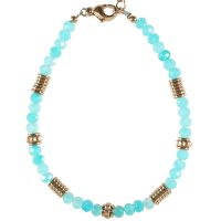 Bracelet composé de perles cylindriques en acier doré et de perles en pierre de couleur turquoise. Fermoir mousqueton avec 3 cm de rallonge.