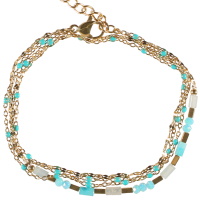 Bracelet double rangs et double tours composé d'une chaîne en acier doré et de perles en émail de couleur turquoise et d'une chaîne en acier doré et de perles de couleur turquoise. Fermoir mousqueton avec 3 cm de rallonge.