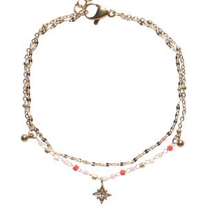 
Bracelet double rangs composé d'une chaîne en acier doré, ainsi qu'une chaîne avec deux pampilles boules en acier doré, de perles cylindriques de couleur blanche, rose et rouge et d'une étoile sertie d'un strass. Fermoir mousqueton avec 3 cm de rallonge.