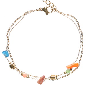 Bracelet double rangs composé d'une chaîne en acier doré et d'une chaîne en acier doré avec des perles et des pierres multicolores. Fermoir mousqueton avec 3 cm de rallonge.