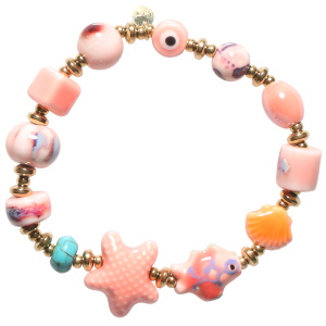 Bracelet élastique composé de perles en acier doré et de perles rondes, en forme d'étoile, de poisson, de coquillage et d'œil de Turquie en céramique.