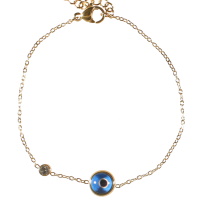 Bracelet composé d'une chaîne en acier doré, d'un cristal serti clos et d'un œil de Turquie. Fermoir mousqueton avec 3 cm de rallonge.