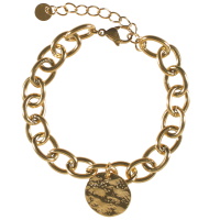 Bracelet composé d'une chaîne avec un pendant pastille ronde martelée en acier doré. Fermoir mousqueton avec 3 cm de rallonge.
