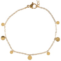 Bracelet composé d'une chaîne et de pampilles rondes en acier doré. Fermoir mousqueton avec 3 cm de rallonge.