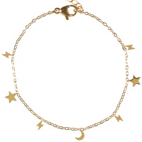 Bracelet composé d'une chaîne et de pampilles en forme d'éclair, étoile et croissant de lune en acier doré. Fermoir mousqueton avec 3 cm de rallonge.