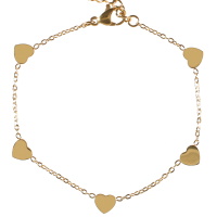 Bracelet composé d'une chaîne avec des cœurs en acier doré. Fermoir mousqueton avec 3 cm de rallonge.