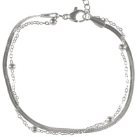 Bracelet double rangs composé d'une chaîne maille serpent en acier argenté et d'une chaîne avec boules en acier argenté. Fermoir mousqueton avec 4 cm de rallonge.