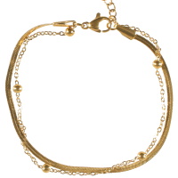 Bracelet double rangs composé d'une chaîne maille serpent en acier doré et d'une chaîne avec boules en acier doré. Fermoir mousqueton avec 4 cm de rallonge.