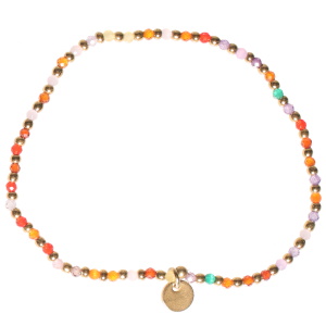 Bracelet élastique composé de perles en acier doré et perles multicolores.