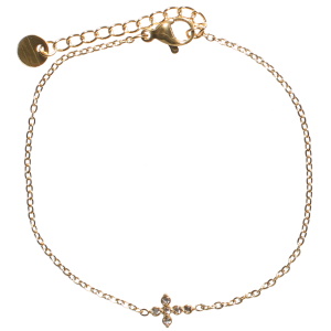 Bracelet composé d'une chaîne en acier doré et d'une croix sertie d'oxydes de zirconium blancs. Fermoir mousqueton avec 3 cm de rallonge.
