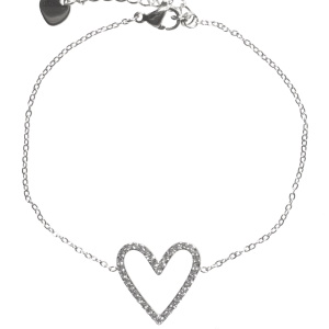 Bracelet composé d'une chaîne en acier argenté et d'un cœur pavé de strass. Fermoir mousqueton avec 3 cm de rallonge.