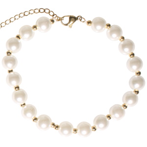 Bracelet composé d'une chaîne avec perles en acier doré et de perles d'imitation. Fermoir mousqueton avec 5 cm de rallonge.