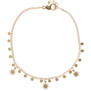 Bracelet composé d'une chaîne avec pampilles rondes et de trois pampilles en forme de soleil en acier doré.<br/<Fermoir mousqueton avec 3 cm de rallonge.