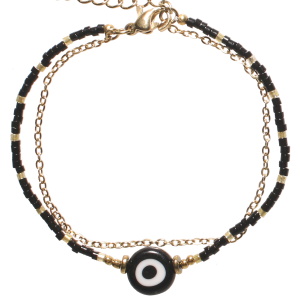 Bracelet double rangs composé d'une chaîne en acier doré, ainsi q'une chaîne de perles cylindriques en acier doré et de couleur noire avec une pierre ronde représentant un œil de Turquie. Fermoir mousqueton avec 2 cm de rallonge.