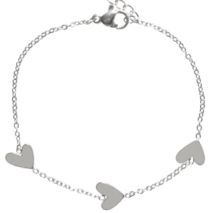 Bracelet composé d'une chaîne avec trois cœurs en acier argenté. Fermoir mousqueton avec 3 cm de rallonge.