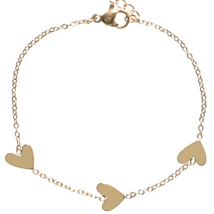 Bracelet composé d'une chaîne avec trois cœurs en acier doré. Fermoir mousqueton avec 3 cm de rallonge.
