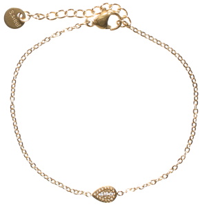 Bracelet composé d'une chaîne en acier doré et d'une goutte sertie de trois cristaux. Fermoir mousqueton avec 3 cm de rallonge.