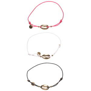 Lot de 3 bracelets composés d'un cordon élastique de couleur noir, rouge et blanc et d'un coquillage cauri en acier doré.