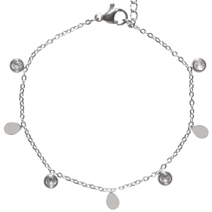 Bracelet composé d'une chaîne avec pampilles gouttes en acier argenté et de pampilles rondes serties de strass. Fermoir mousqueton avec 3 cm de rallonge.