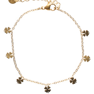 Bracelet composé d'une chaîne avec pampilles en forme de trèfles à quatre feuilles en acier doré. Fermoir mousqueton avec 3 cm de rallonge.