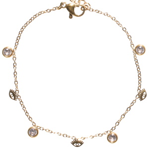 Bracelet composé d'une chaîne avec pampilles en forme d'œil de Turquie en acier doré et de pampilles serties de cristaux. Fermoir mousqueton avec 3 cm de rallonge.