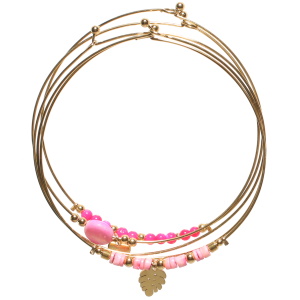 Lot de 5 bracelets joncs en acier doré surmontés de perles de couleur rose et d'une pierre ronde de couleur rose nacrée avec une feuille philodendron en acier doré.