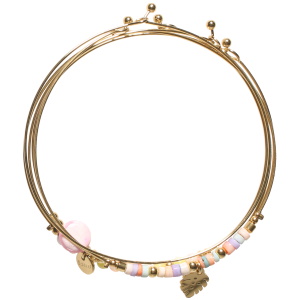 Lot de 5 bracelets joncs en acier doré surmontés de perles multicolores et d'une pierre ronde de couleur violette nacrée avec une feuille philodendron en acier doré.